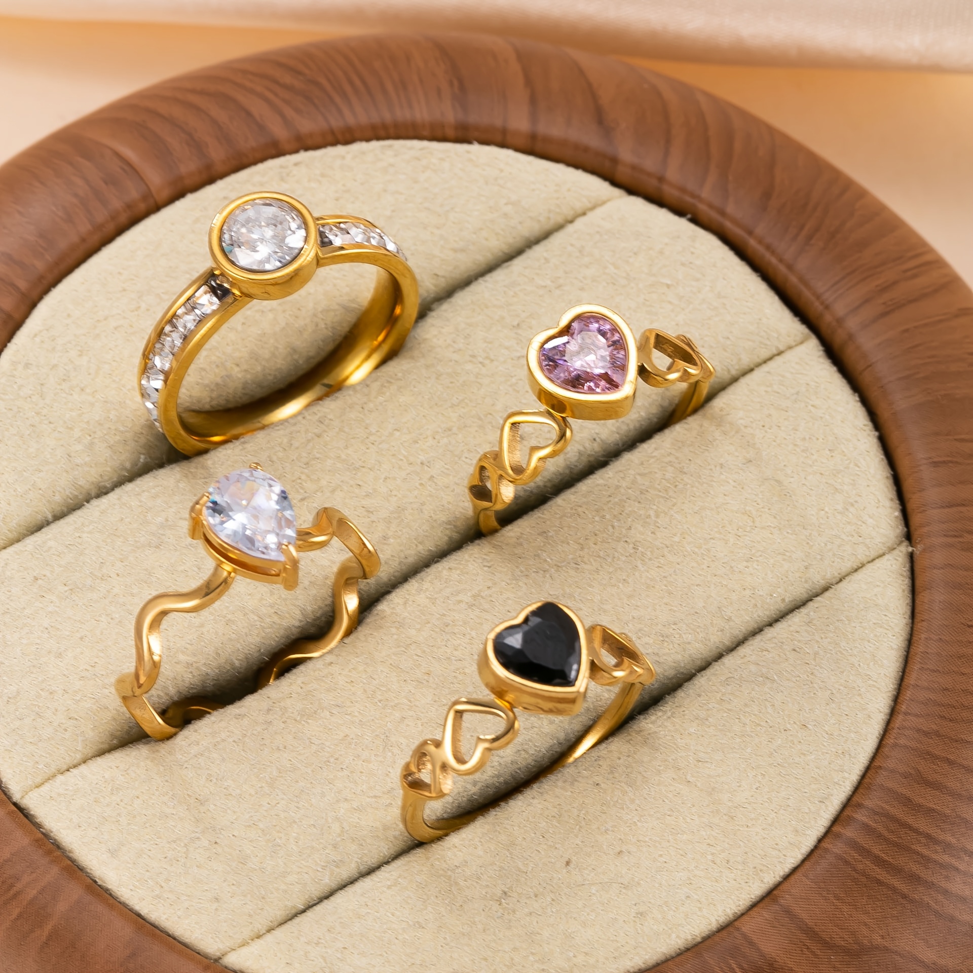 4pc Fashionable 18K Plated Zirconia-Encrusted Ring Set